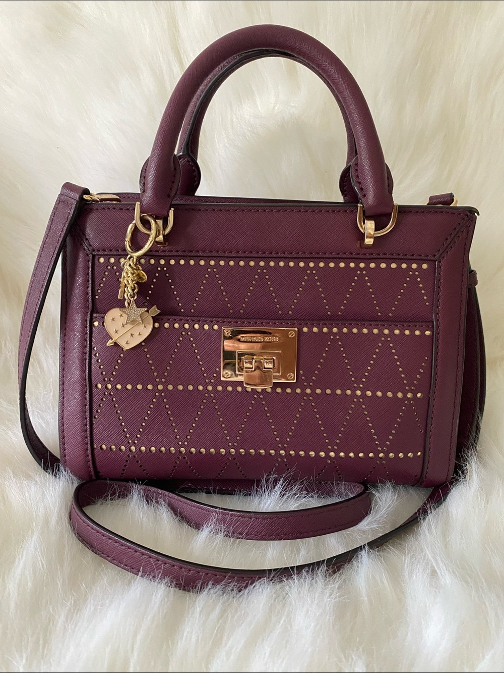 Michael Kors Small Tina Top Zip Messenger Satchel/ Shoulder Bag in Plum and Gold